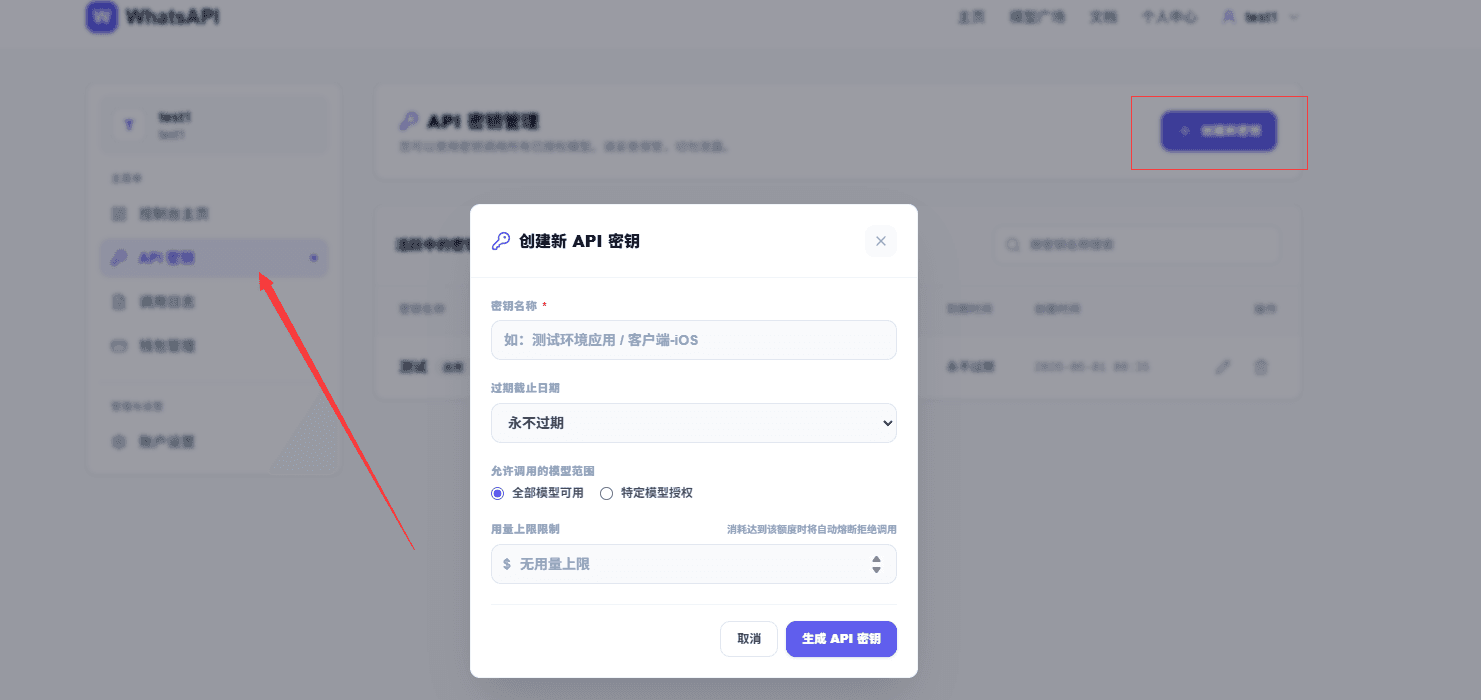 创建 ApiKey 的操作截图